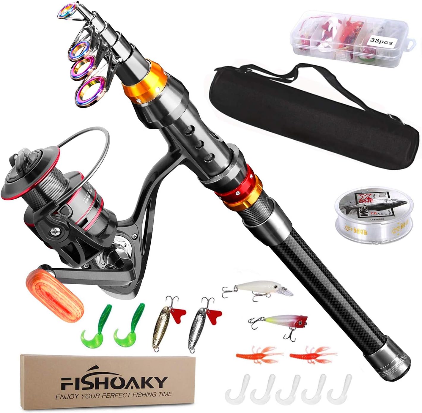 fishing rod kit, Carbon Fiber Telescopic Fishing Pole and Reel Combo with Line Lures Tackle Hooks Reel Carrier Bag for Adults Travel Saltwater Freshwater