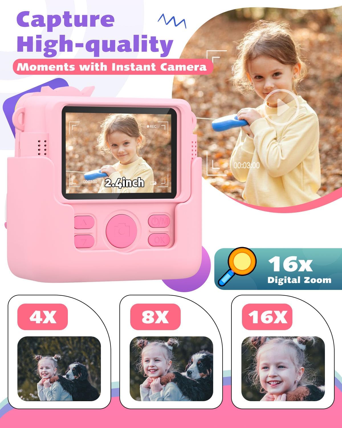 Kids Instant Print Camera, 2.4 Inch Screen 1080P Kids Camera for Girls with Flash, Christmas Birthday Gifts for Girls 3 4 5 6 7 8 9 10 Year Old with 3 Rolls of Photo Paper and a 32G Card