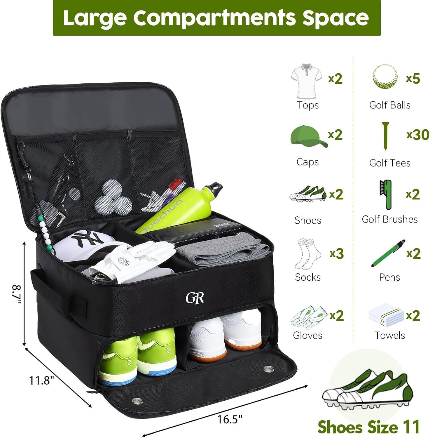 2 Layer Golf Trunk Organizer with Active Carbon Fabric - Golf Shoe Bag for Shoes, Balls, Tees, Clothes, Gloves, Golf Accessories Fathers Day Dad Gifts for Men from Daughter Son Wife