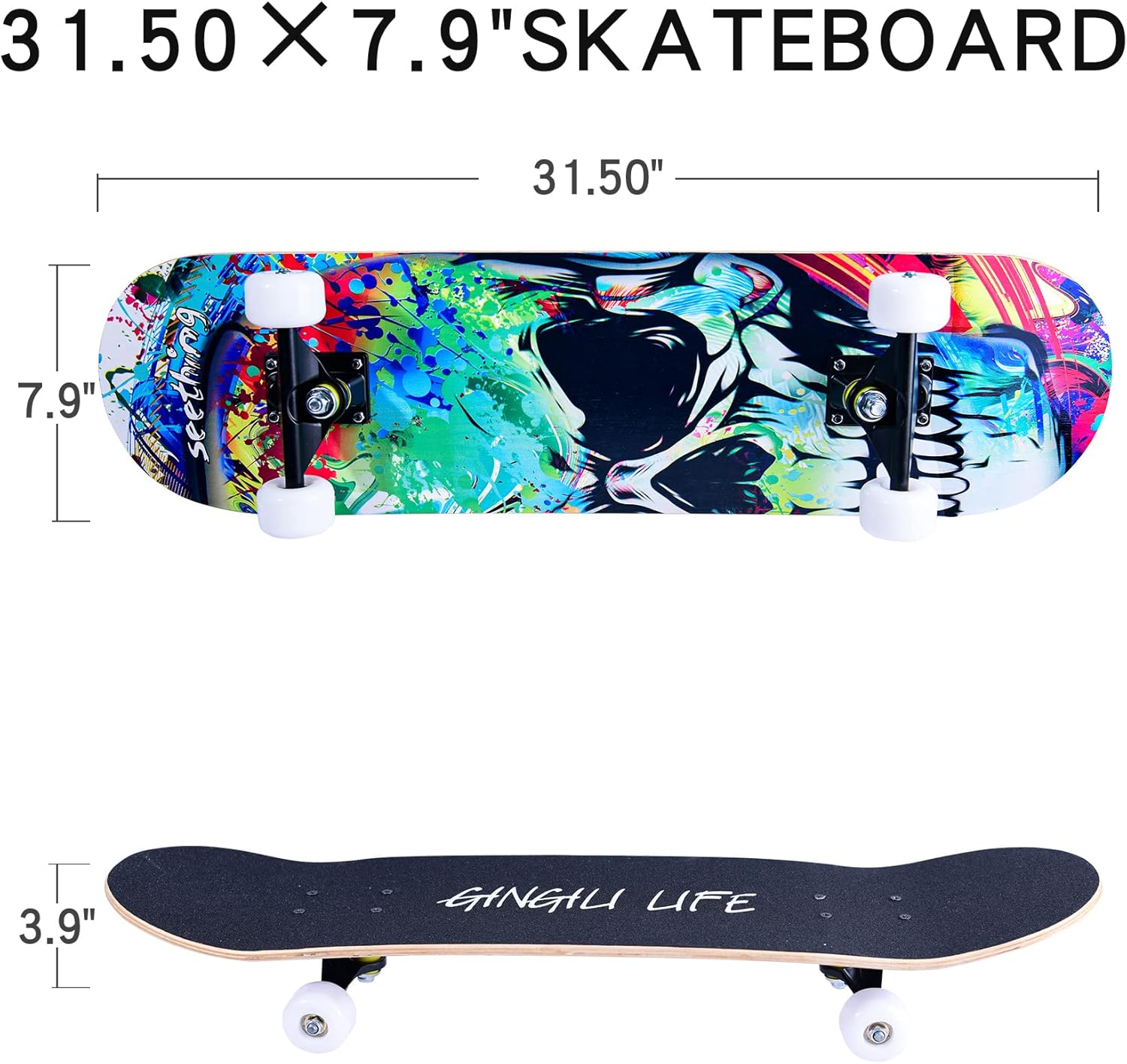 Skateboards for Beginners Kids Boys Girls and Adults,31''x8'', 7-Layer Maple, Double Kick Concave, Fascinating Cool, Solid&Durable