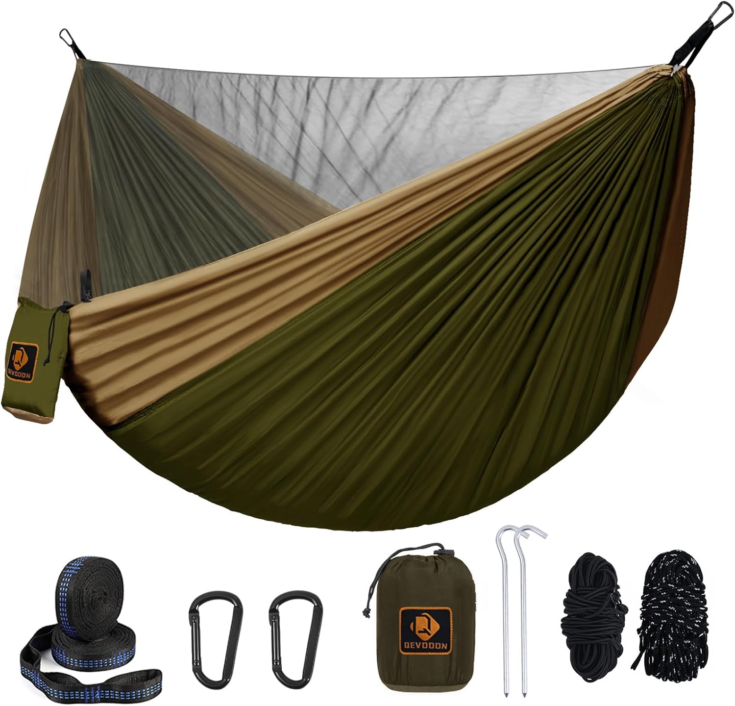 Camping Hammock, Portable Hammocks with Mosquito Net,Lightweight Nylon Parachute Hammock with 10ft Tree Straps,Camping Gear Must Haves for Travel Hiking Backpacking Beach Patio-Green&Khaki