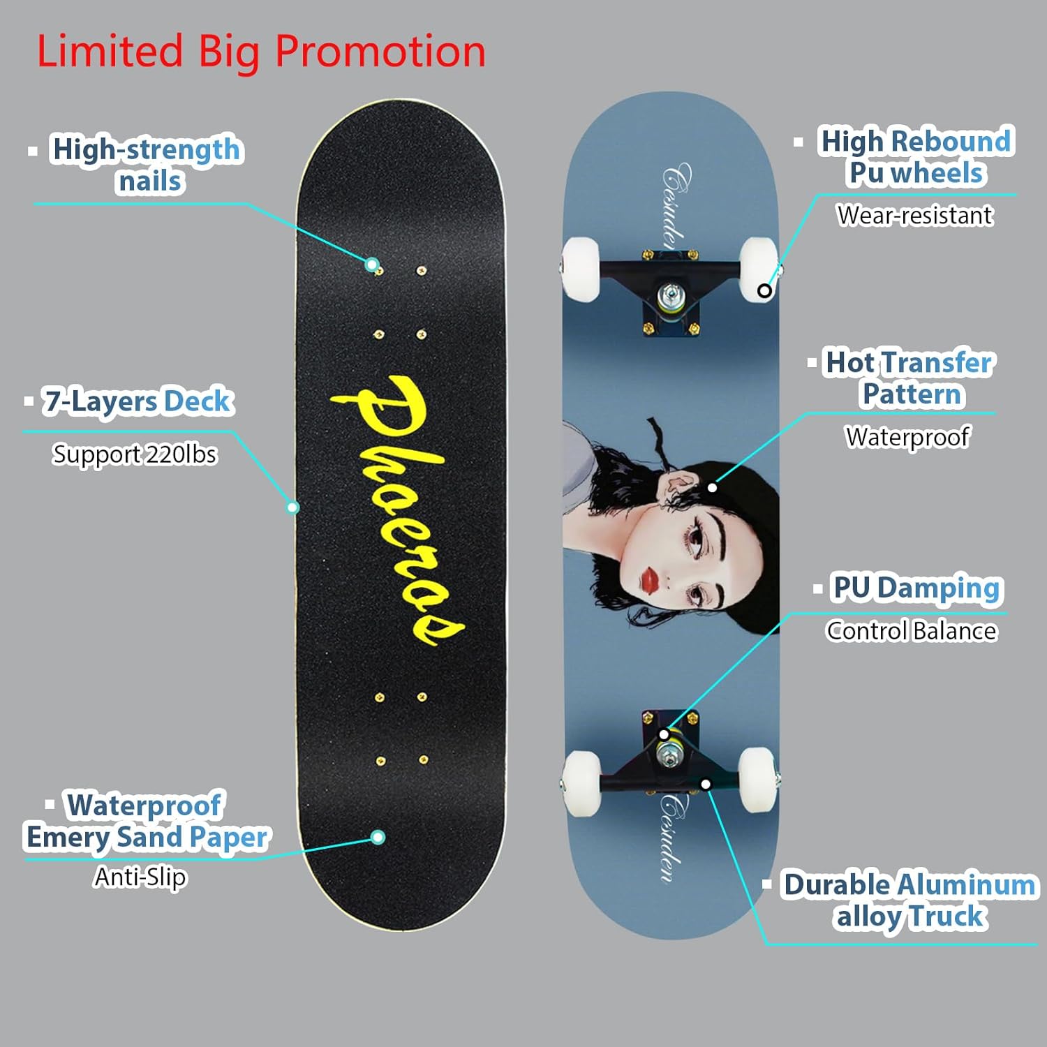 Skateboards -Standard Skateboards for Kids Boys Girls Youths Beginners Starter-Complete Skate Boards 31''x 8''Canadian Maple Pro Cruiser