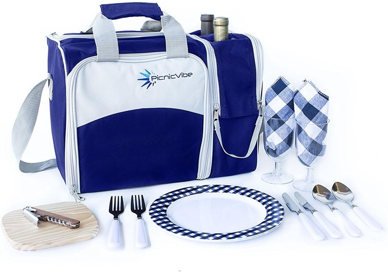 Picnic Basket Bag Set, 2 Person Insulated Tote with Cooler Compartment. Two Bottle Section Setting, includes Wine Glasses, Plates, Cutlery and Complete Flatware