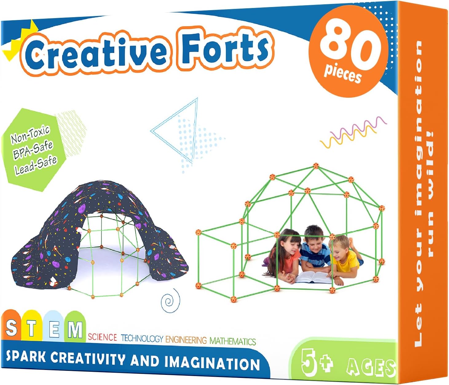 Tiny Land Kids-Fort-Building-Kit-80 Pieces-Creative Fort Toy for 5,6,7,8 Years Old Boy & Girls-STEM Building Toys DIY Castles Tunnels Play Tent Rocket Tower Indoor & Outdoor Playhouse