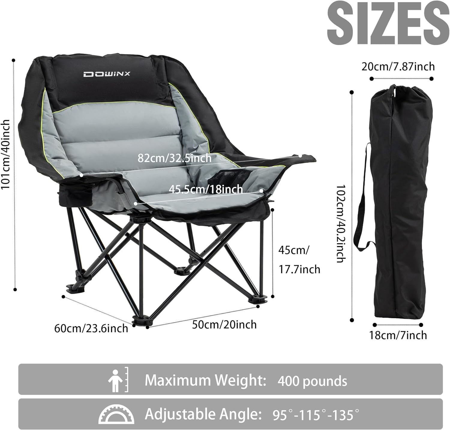 Dowinx Oversized Extra Large Camping Chair for Adults, Lawn Chairs, Folding, 3 levels adjustable Padded Camping Chair, Heavy-Duty 600D Oxford Cloth, with Cup Holder, 400 Pound Capacity, Black