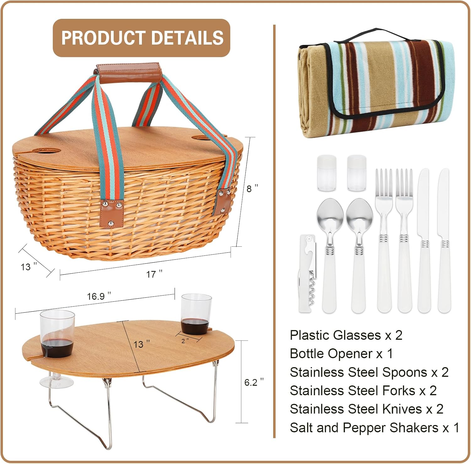 Picnic Basket for 2 with Blanket - Wicker Picnic Basket with Table | Willow Picnic Set for 2 Person with Large Insulated Cooler | Wicker Hamper with Cutlery Service Kit | Gift Basket for Christmas