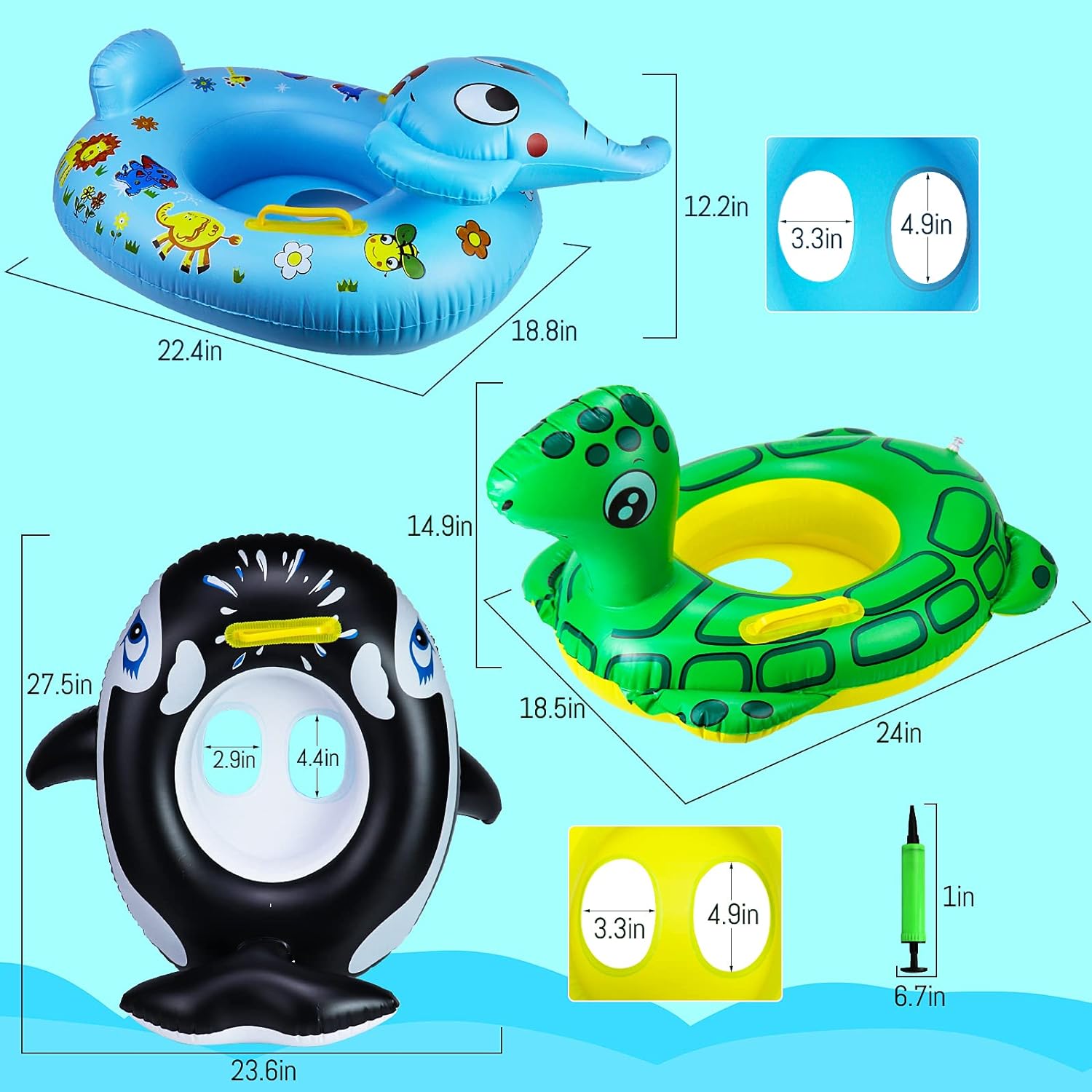 24" 3 Pack Pool Inflatable Floats for Kids, Elephant Tortoise Shark Swim Floats Tube Rings,Swimming Rings for Kids, Fun Animal Floats for Summer Beach Party