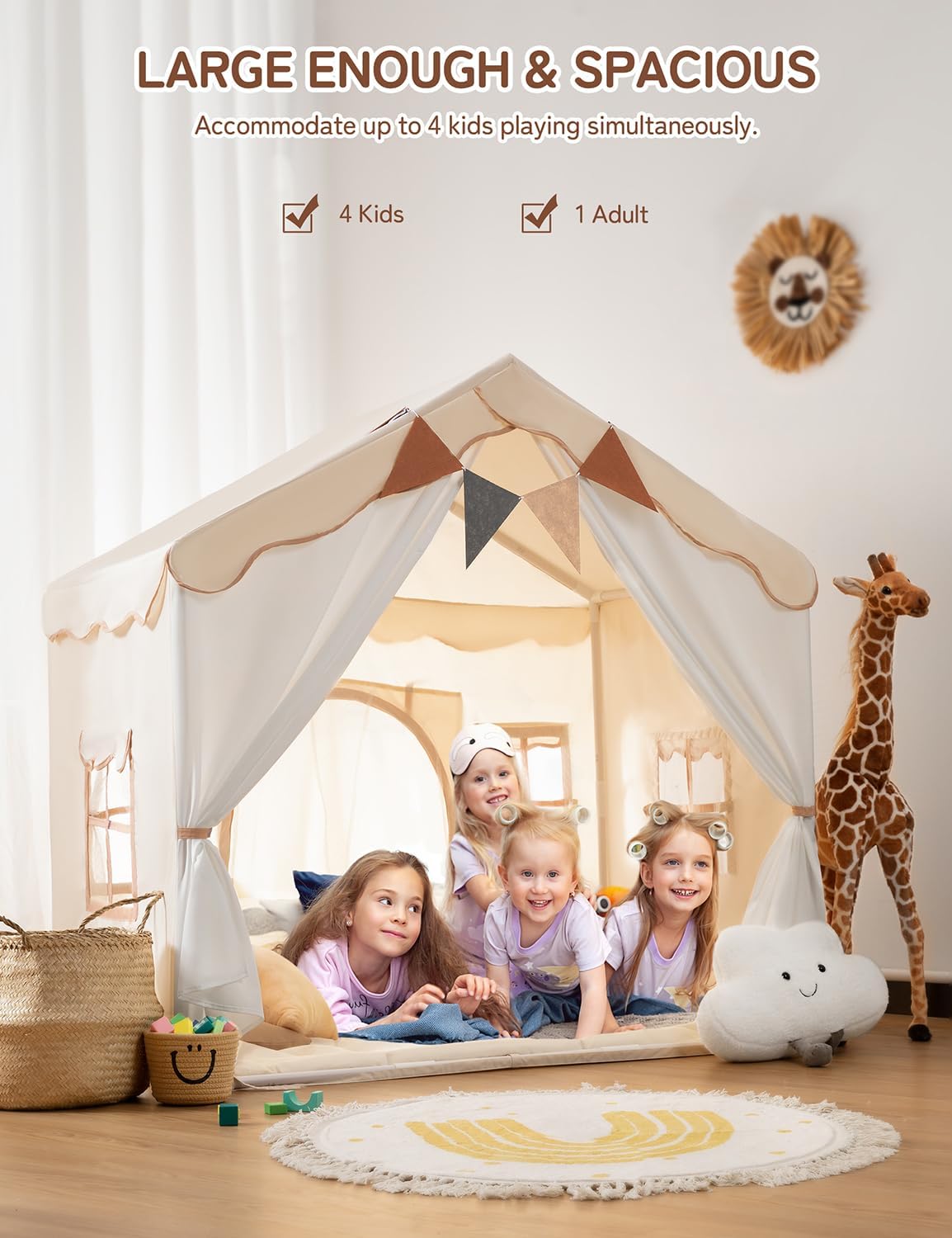 besrey Kids Tent, Kids Playhouse 2 in 1 with Padded Mat and String Lights, Large Play house with 2 Doors & 4 Windows, Kids Play Tent Indoor & Outdoor, Toddler Tent for Kids, 51" x35" x 51