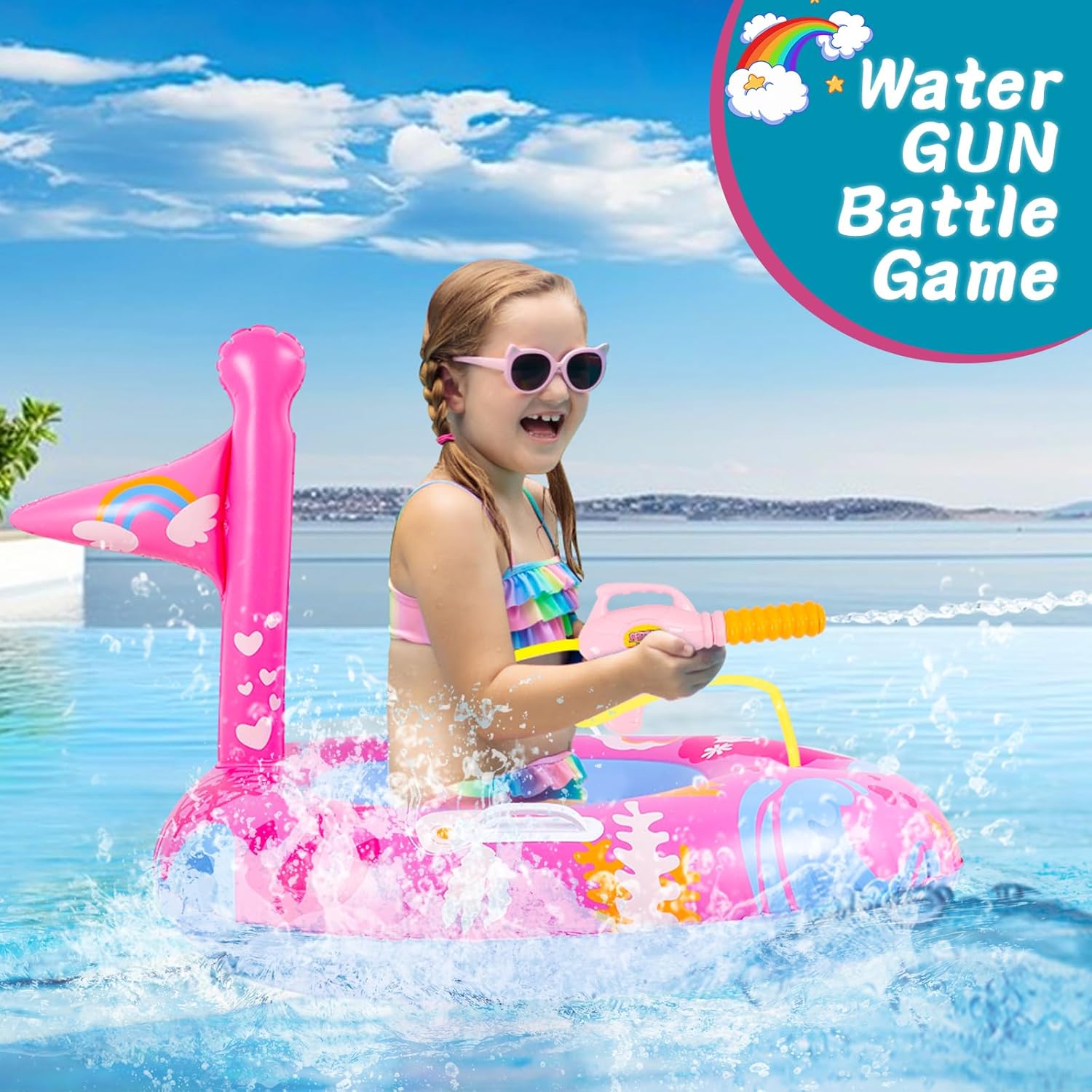 Pool Floats Kids with Water Gun, Mermaid Pool Floats Kids, Pool Toys for Kid s Aged 3-8 Years, Toddlers Pool Floats for Girls, Inflatable Pool Floats Kids for Swimming Pool Party Lake Beach