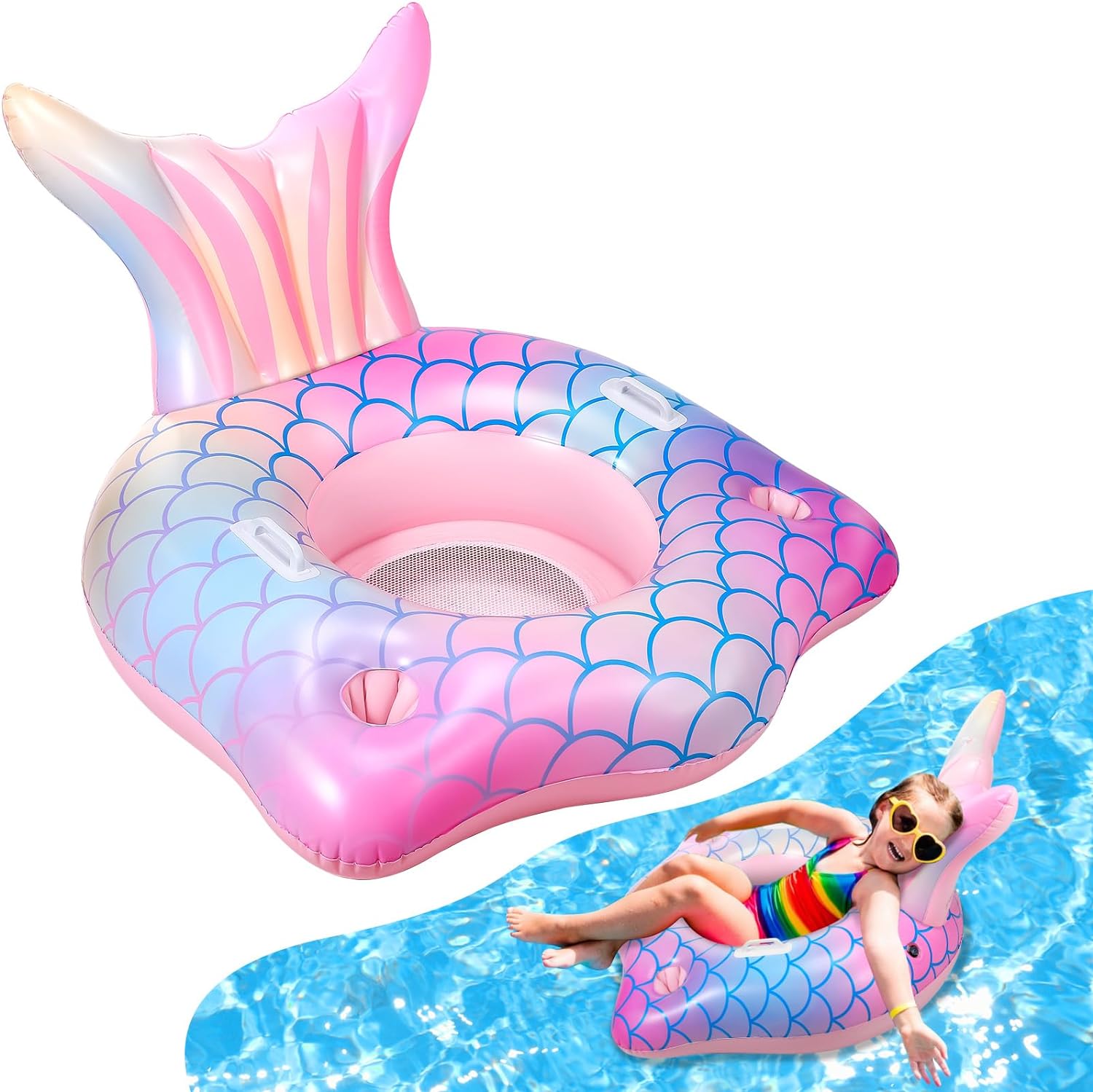 Mermaid Inflatable Pool Float Chair with 2 Cup Holders, Armrests, Pink Swimming Pool Party Lounge Raft Decorations Toys for Adults Kids, Swimming Pool Lounger Pool Floaties for Summer Beach Party