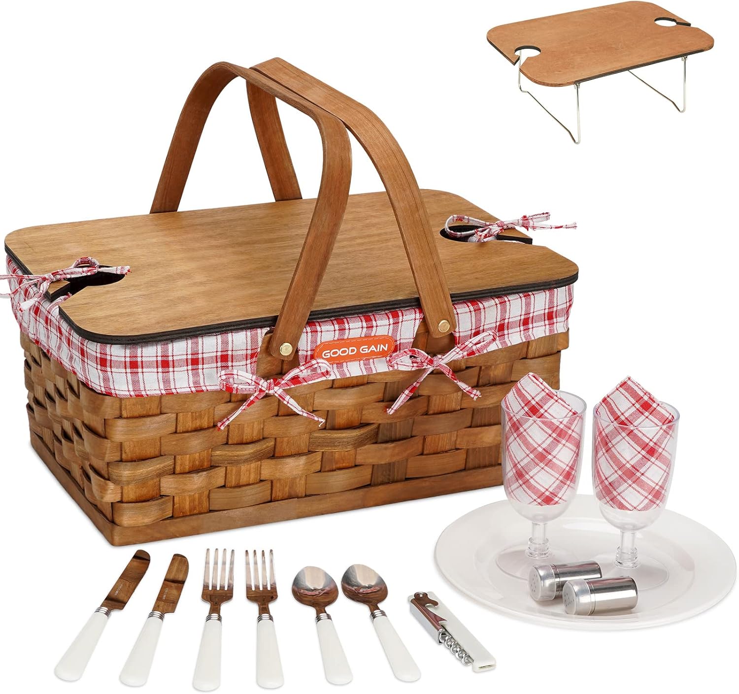 Woodchip Picnic Basket with Portable Wine Table, Woven Basket with 2 Swing Handles & Removable Lining, Empty Large Basket for Picnic, Outdoor, Camping, Family, Party, Wedding Gifts for Couple. RED