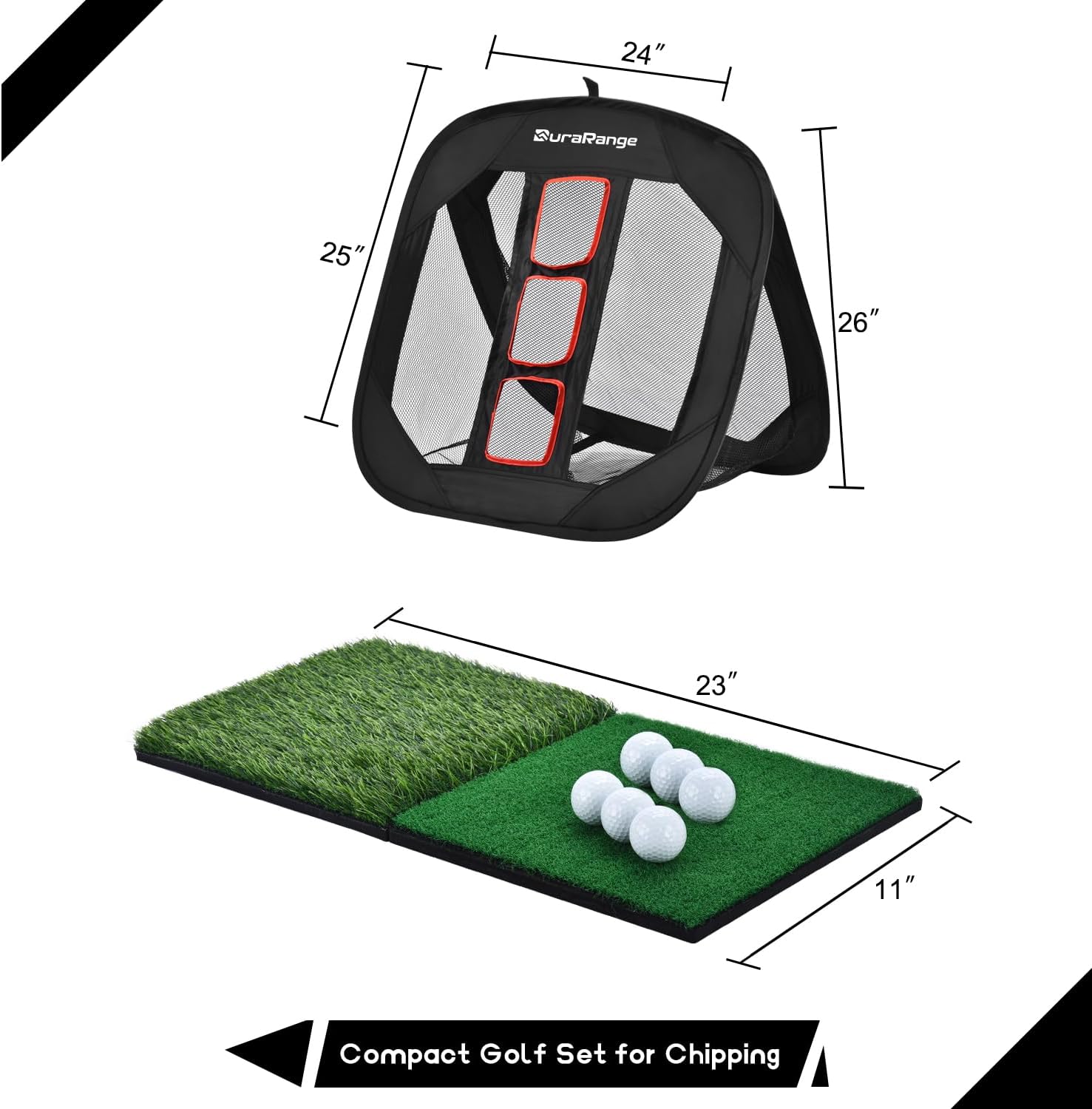 DURARANGE Pop-up Golf Chipping Net Set - Foldable Training Kit with 2 Hitting Mats, 6 Practice Balls, 6 Foam Balls - Ultimate Golf Gift & Target Chipping Aids, Black