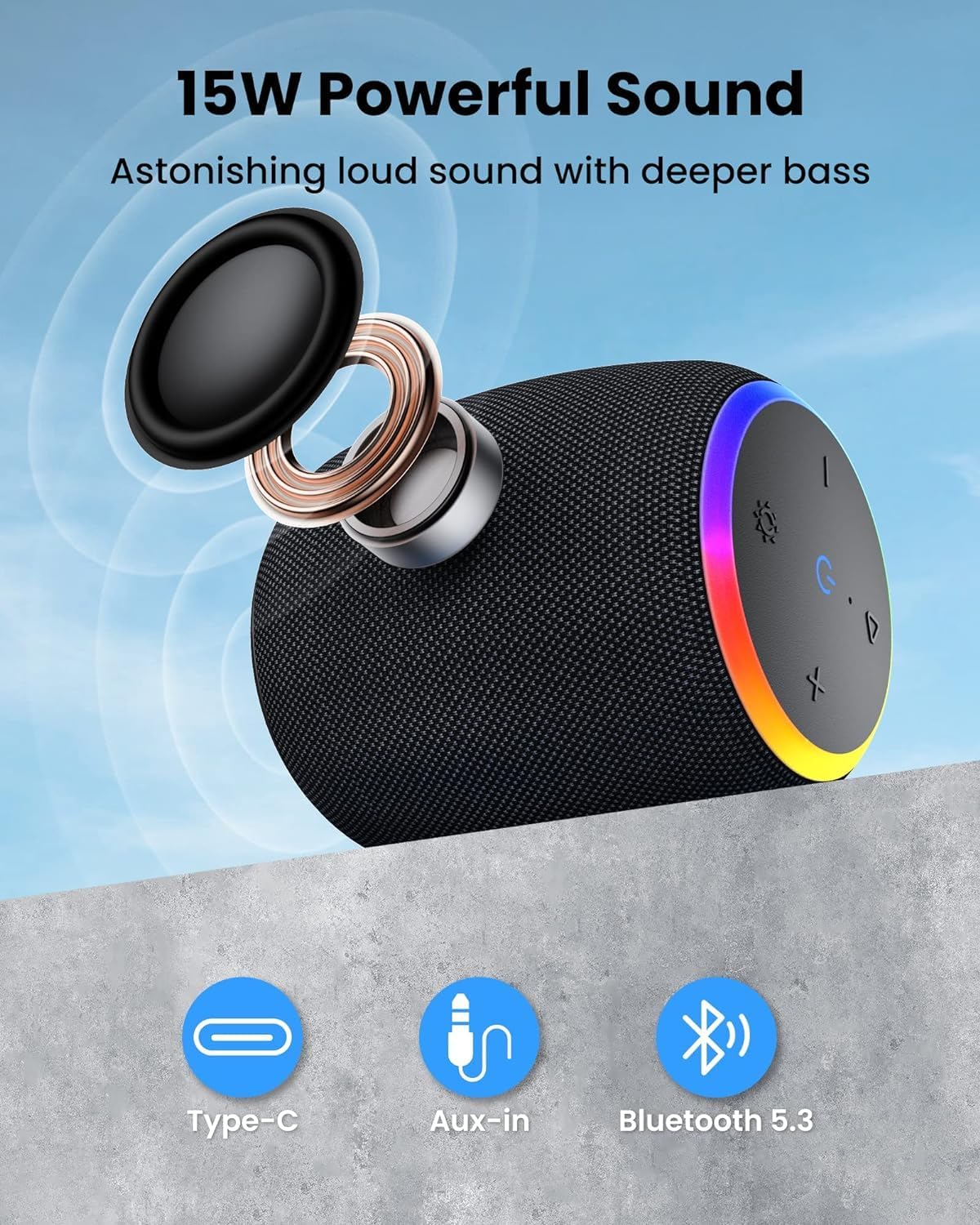 Bluetooth Speakers,Portable Wireless Speaker with 15W Stereo Sound, IPX6 Waterproof Speaker with LED Light, Bluetooth TWS, Portable Speaker for Shower Outdoor Party Beach Camping