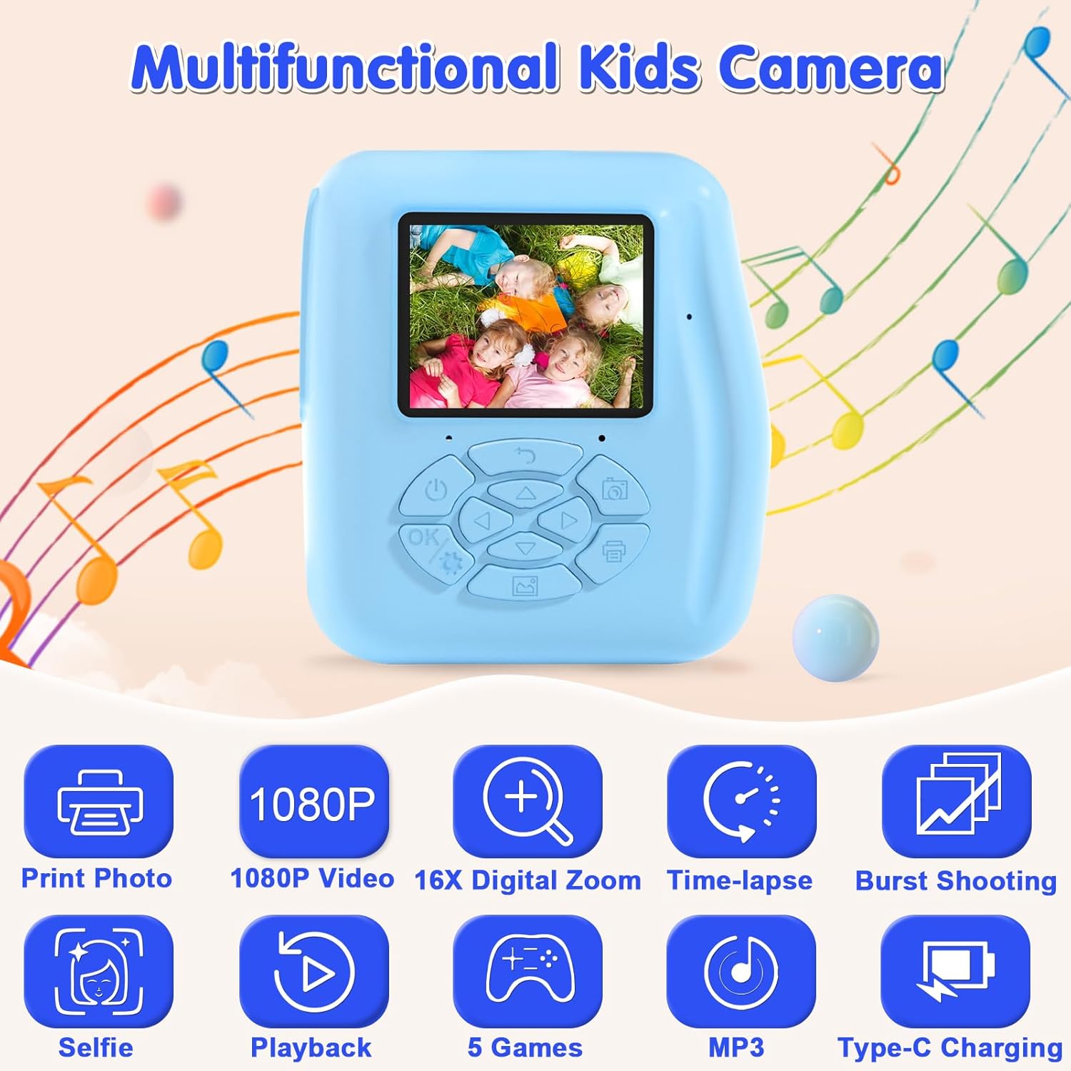 PROGRACE Instant Print Kids Camera - 1080P Digital Camera for Kids, Toys Camera with Instant Pictures, Birthday Gifts for 3-12 Year Old Girls Boys