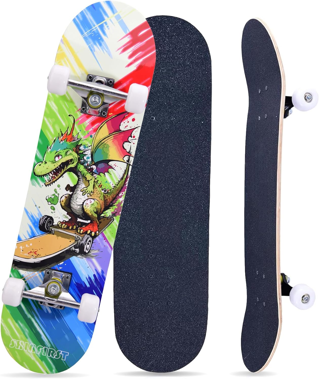 Skateboards for Beginners Kids Boys Girls Teens and Adults, 31 Inch Complete Standard Skateboards with 7-Layer Maple Double Kick Deck Unicorn and Skull Design