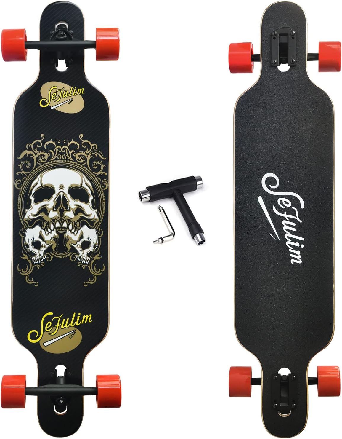 ‎Sefulim Skull Longboard Skateboard, 41 Inch Deck Complete Maple Cruiser Freestyle Longboard Skateboard for Kids Teen Boys Girls Beginners