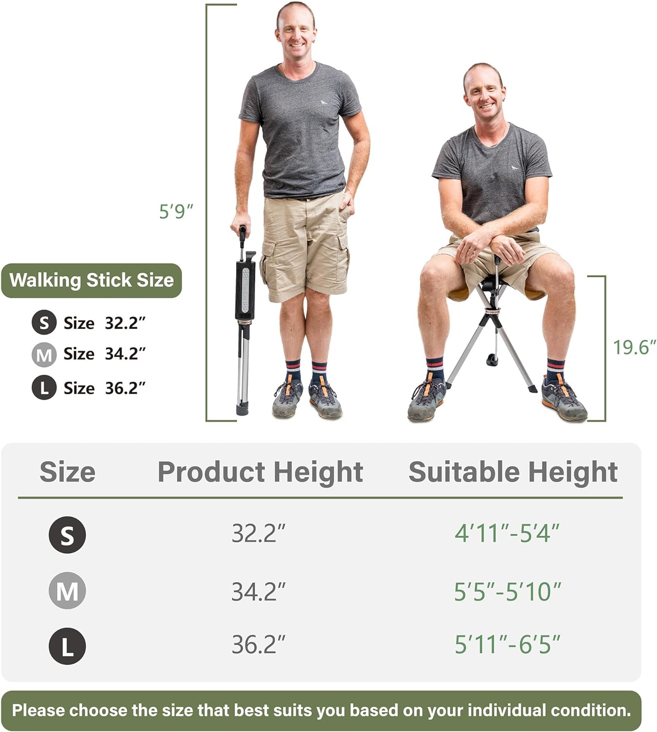 Ta-Da Chair Series 2- Portable Walking Stick, Cane with Seat, Foldable Chair, Hiking Stick, for Camping, Hiking, Lightweight Aluminum, Easy Carry, Anti-Slip