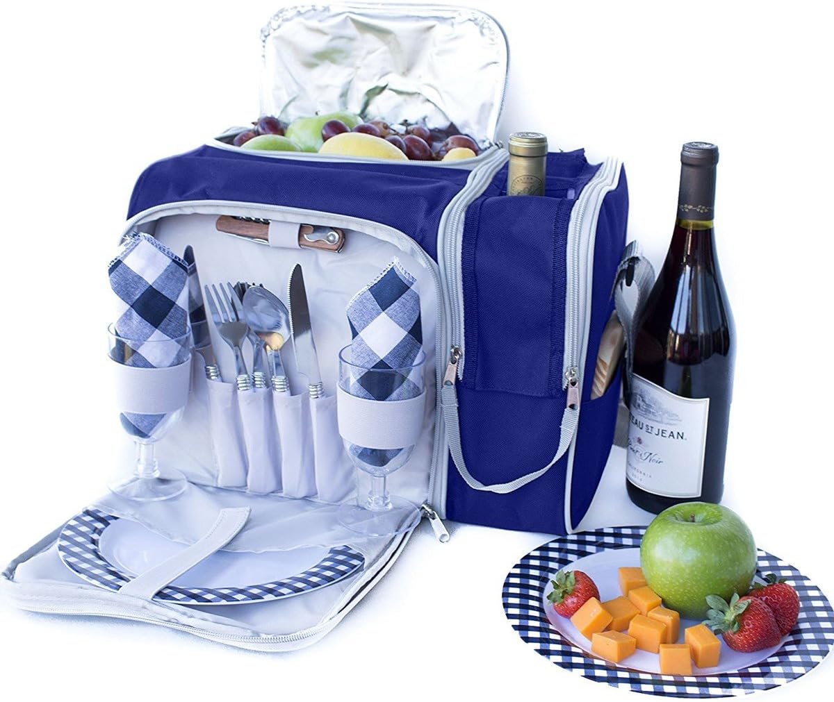 Picnic Basket Bag Set, 2 Person Insulated Tote with Cooler Compartment. Two Bottle Section Setting, includes Wine Glasses, Plates, Cutlery and Complete Flatware