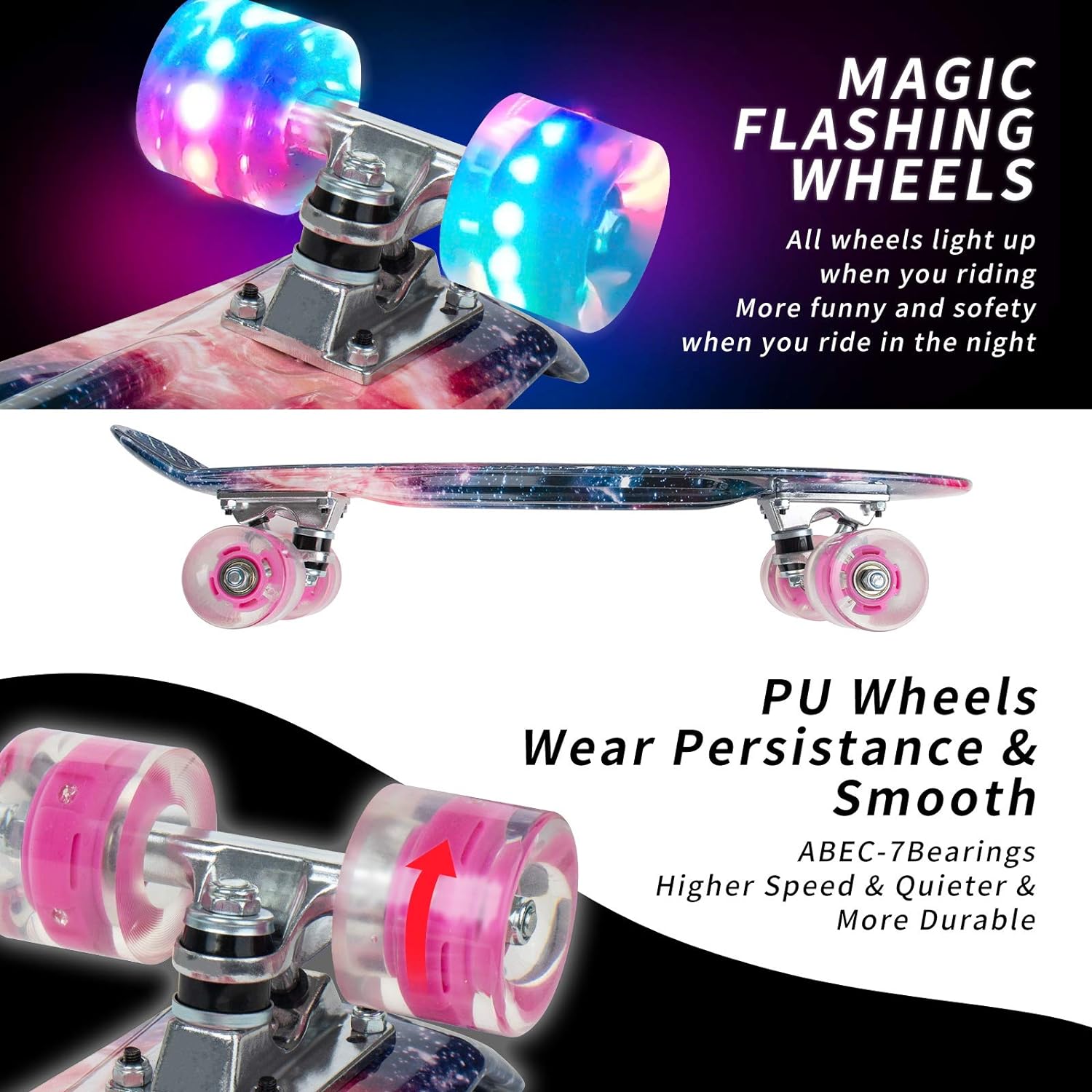 Nattork Skateboards 22 Inch Mini Cruiser Skateboard Complete Retro Skate Boards with Colorful Light Up Wheels for Kids Girls Boys Beginners