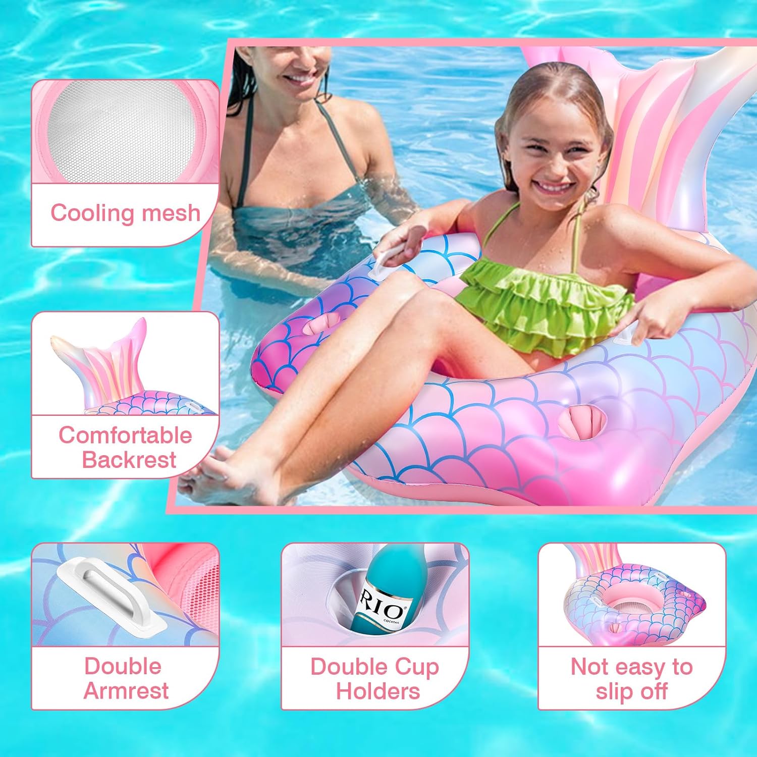 Mermaid Inflatable Pool Float Chair with 2 Cup Holders, Armrests, Pink Swimming Pool Party Lounge Raft Decorations Toys for Adults Kids, Swimming Pool Lounger Pool Floaties for Summer Beach Party