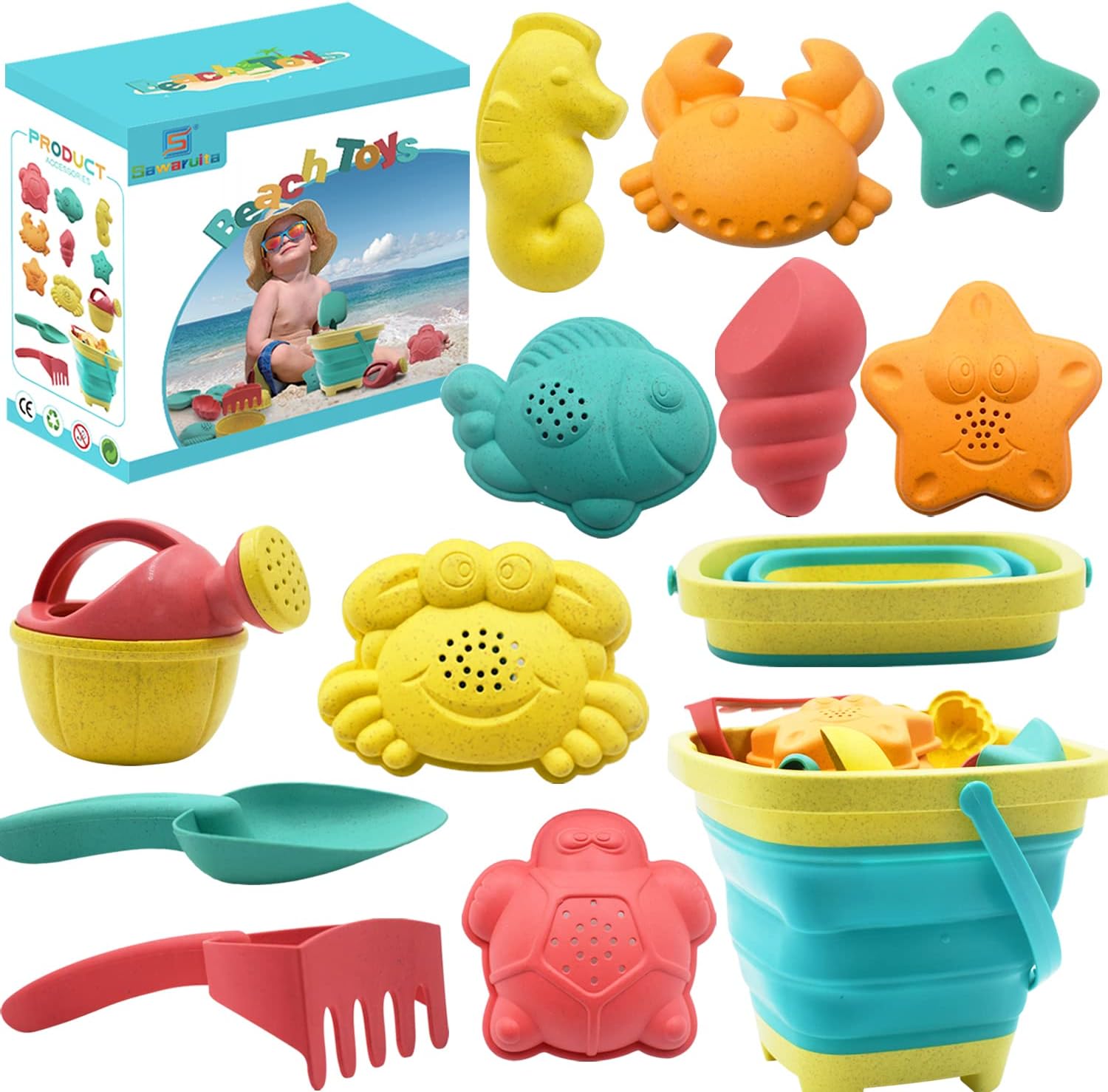 Beach Toys for Kids - Sand Toys Set includes Collapsible Sand Bucket Shovel and Sand Rake Toys for Beach 12 PCS, Sandbox Toys Sandcastle Building Kit with Waterproof Net (A)