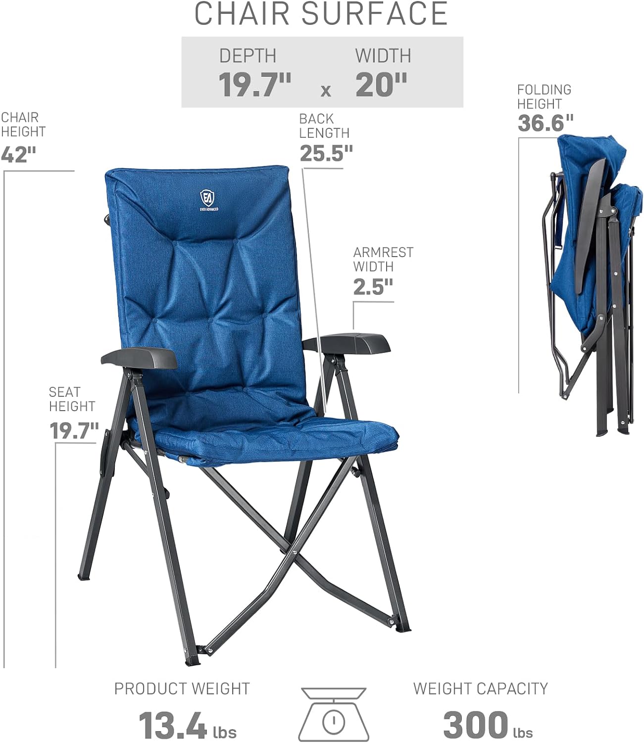 EVER ADVANCED Folding Padded Camping Chair 4 Positon Adjustable Recliner with High Back Support Portable for Adults, 300lbs Weight Capacity, Blue