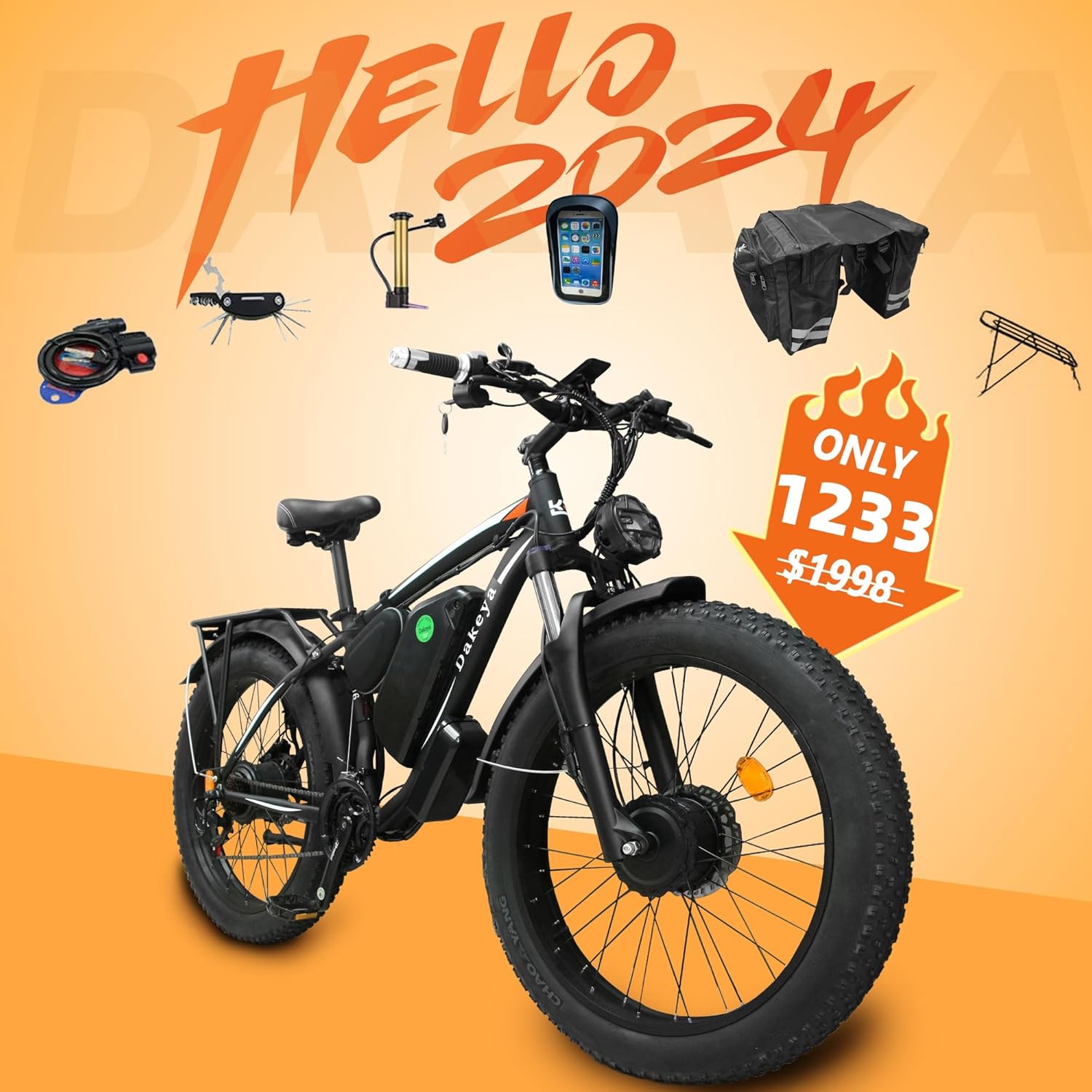 Da06 Electric Bike for Adults,Dual Motor Ebike AWD 2000W,21-Speed 35MPH Mountain Snow Ebike with Removable 52V 23AH Battery,26" x 4.0 Fat Tire E-Bike with High-Capacity Cycling Pannier Bag