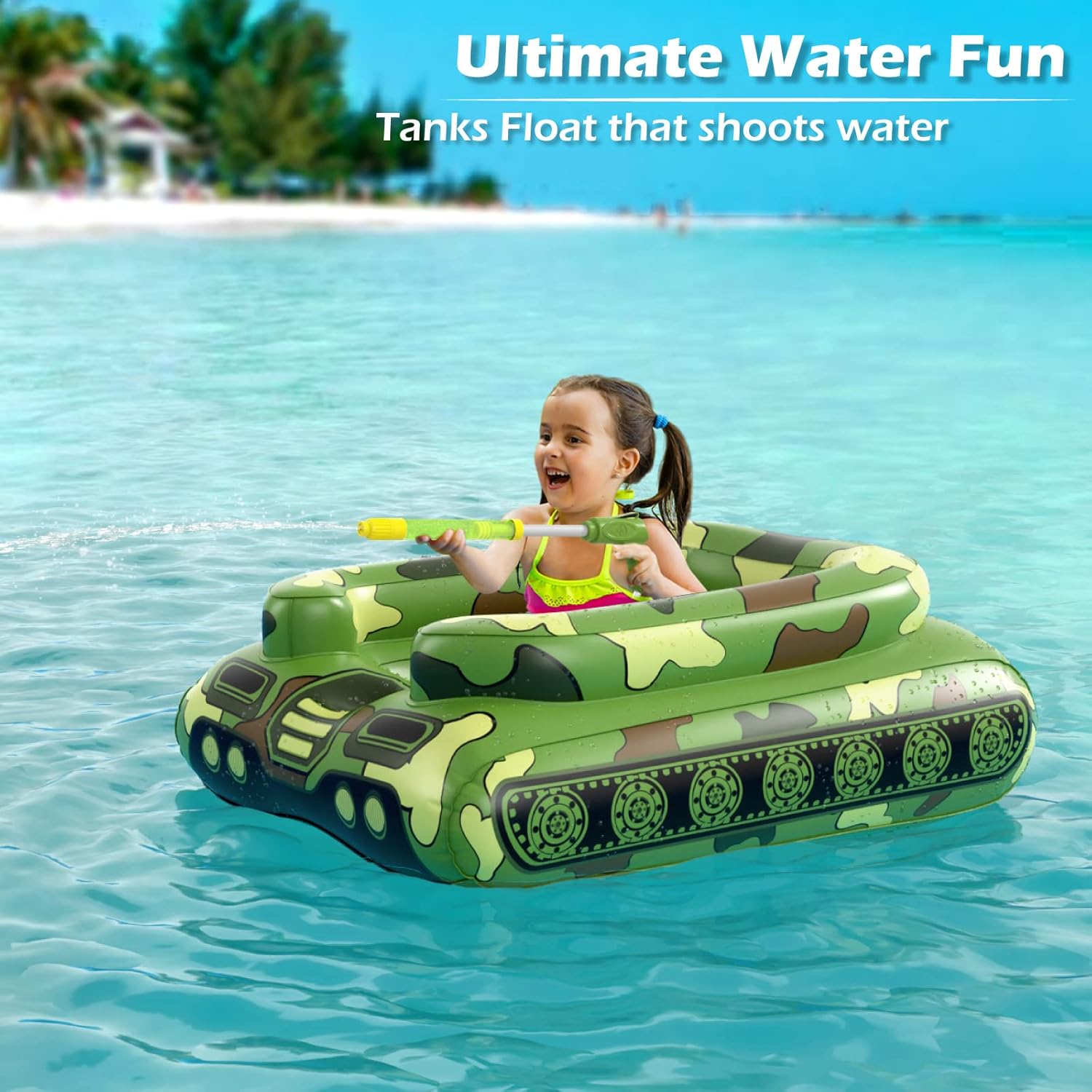 Inflatable Tank Pool Floats Kids - Jasonwell Toddler Pool Floaties Swimming Pool Tank with Water Cannon Gun Swim Floaty Rafts Lake Beach Party Pool Toys for Boys Girls