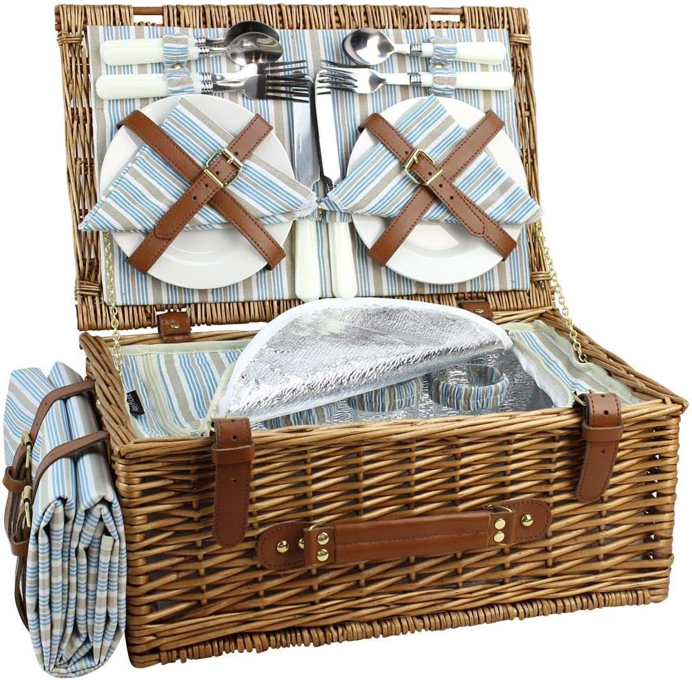 HappyPicnic Wicker Picnic Basket Set for 4 Persons | Large Willow Hamper with Large Insulated Cooler Compartment, Free Waterproof Blanket and Cutlery Service Kit-Classical Brown