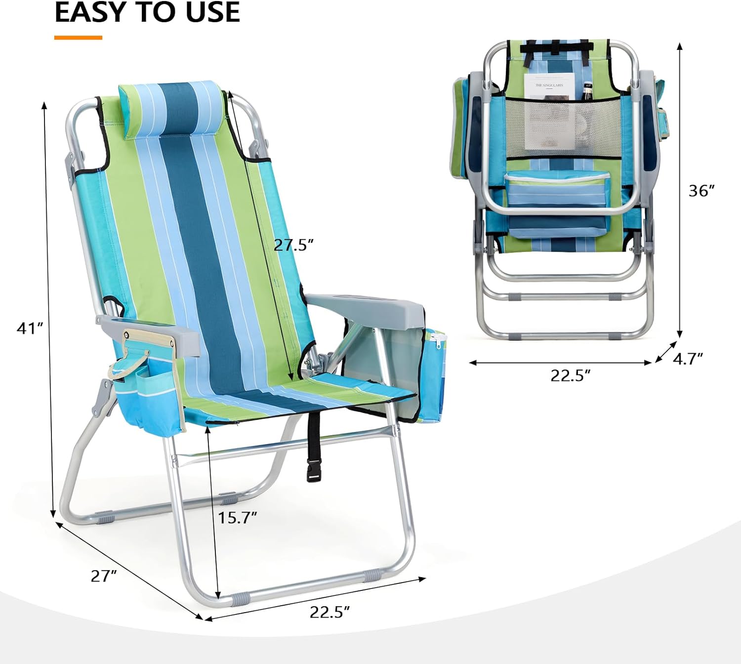 VINGLI Tall Beach Chair 2 Pack, with 5-Position, Cooler Bag, Cup Holders, Towel Bar, Lightweight Folding Beach Camping chairs for Adults（Blue/Green-High