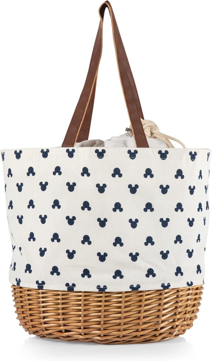 PICNIC TIME - Disney Classic Mickey Silhouette Coronado Canvas and Willow Basket Tote - Picnic Basket Tote Bag - Beach Tote, (Cream with Navy Blue Pattern)