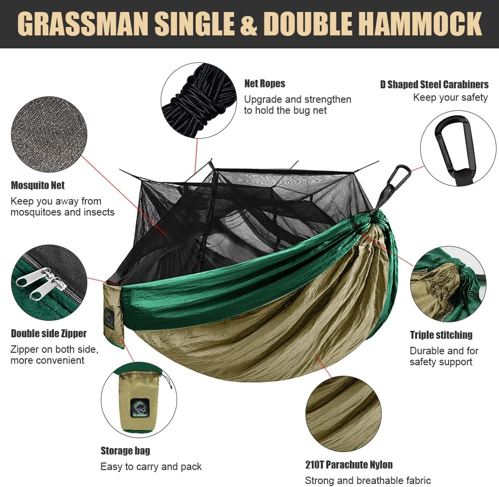 Grassman Camping Hammock Mosquito Net, Portable Hammock with Net Single or Double, Hammock Tent for Travel Camping, Camping Accessories for Indoor, Outdoor, Hiking, Backpacking, Backyard, Beach