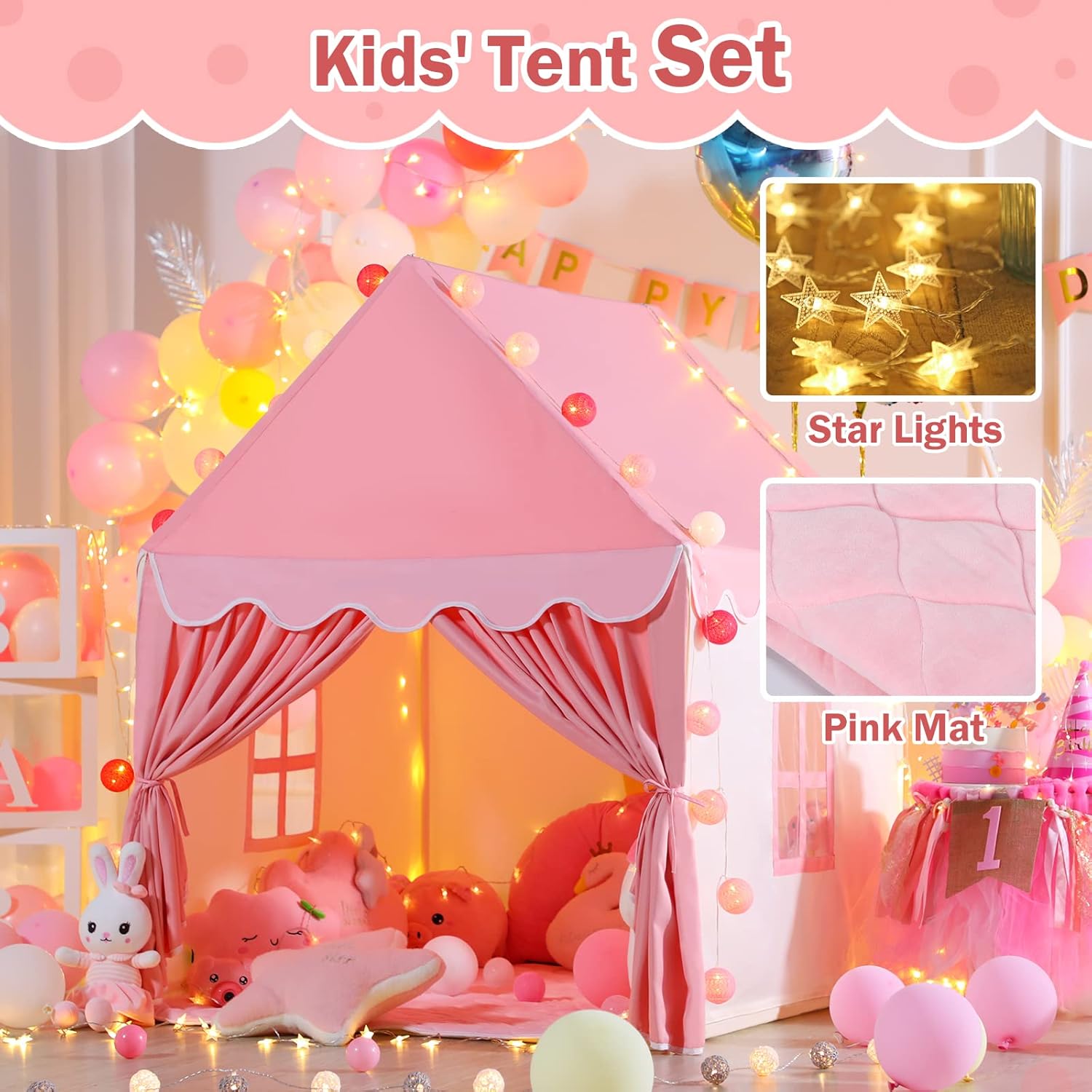 Wilwolfer Kid Tent with Mat, Star Lights - Kids Play Tents for Toddlers Kids Tents Indoor Playhouse - Princess Tent for Girls Toy House Gift (Pink with Cloth)