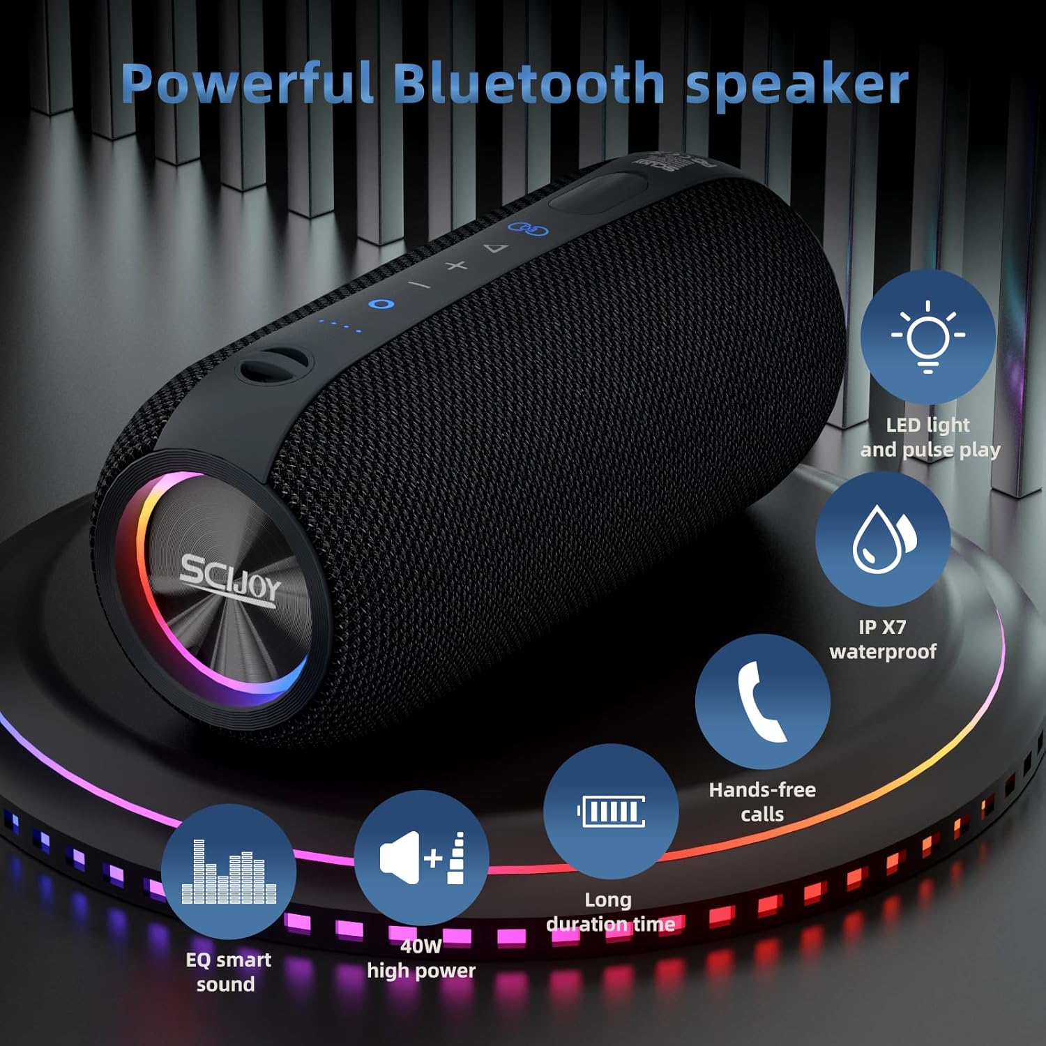 Portable Bluetooth Speaker, Speakers Bluetooth Wireless, IPX7 Waterproof Shower Speakers, Loud Stereo, Deep Bass, RGB LED Lights, for Party, Home and Outdoor, Black