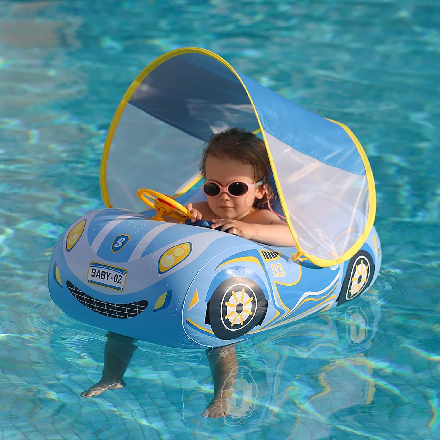 Swimbobo Toddler Pool Float Inflatable Car Baby Swim Float with Adjustable Sun Canopy and Safety Seat Pool Toys for Kids 3+ Years Old