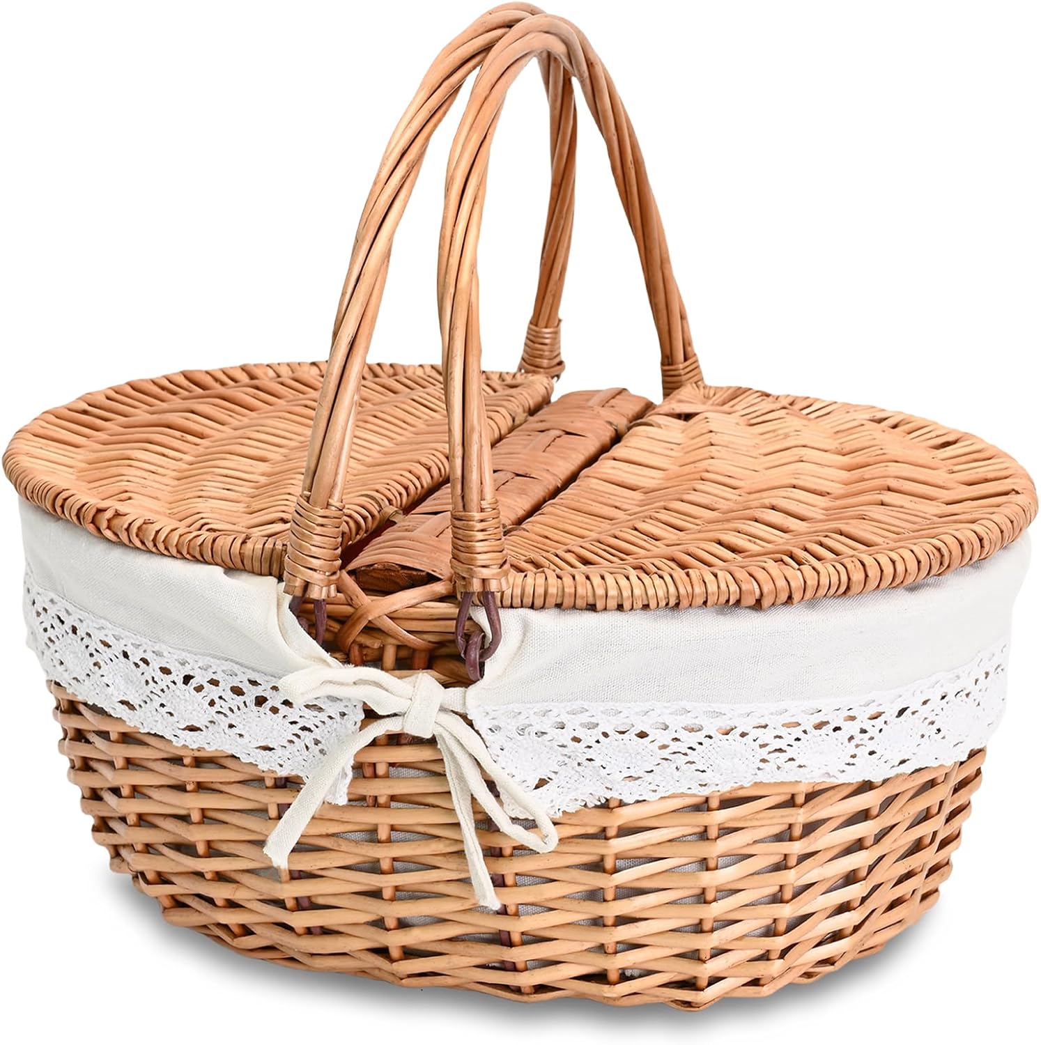 Cute 13" Wicker Picnic Basket with Removable Liner Empty Picnic Baskets with Lid, Picnic Hamper with Foldable Handles Picnic for 2, Natural Color,Small