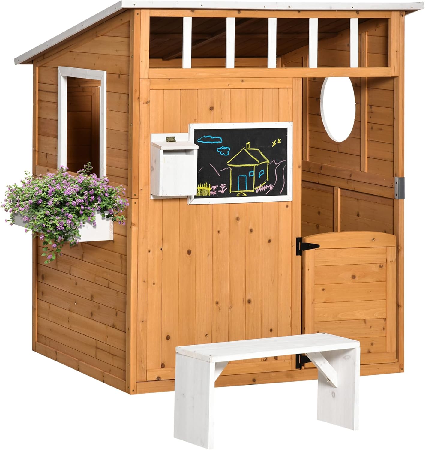 Outsunny Wooden Playhouse for Kids Outdoor with Working Door, Windows, Mailbox, Bench, Flowers Pot Holder, 48" x 42.5" x 53