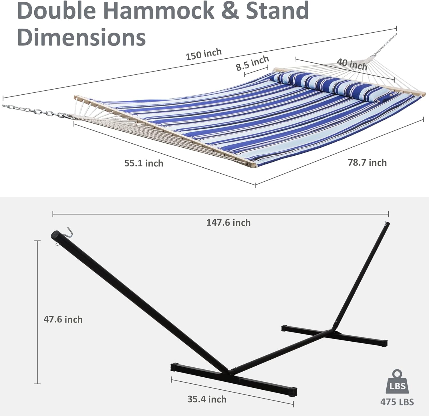 SUNCREAT Two Person Hammock with Stand Heavy Duty, Free Standing Hammocks Outdoors for 2 Person, Max 475lbs Capacity, Blue Stripes