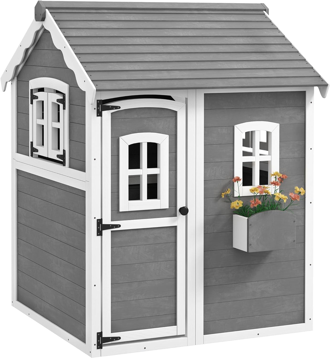 Outsunny Playhouse for Kids, Outdoor Wooden Playhouse with Floor, Door, Windows & Planter Box for 3-8 Year Olds, Backyard, Lawn, Garden, Gray