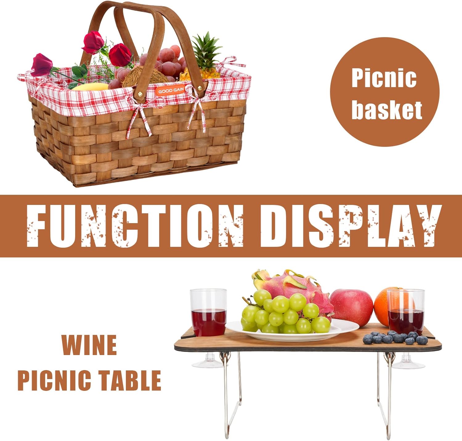 Woodchip Picnic Basket with Portable Wine Table, Woven Basket with 2 Swing Handles & Removable Lining, Empty Large Basket for Picnic, Outdoor, Camping, Family, Party, Wedding Gifts for Couple. RED