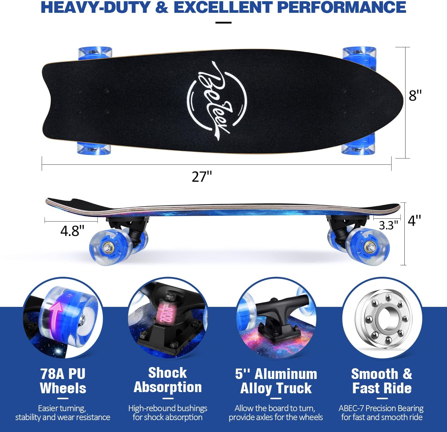 BELEEV Cruiser Skateboards for Beginners, 27 x 8 inch Complete Skateboard for Kids Teens Adults, 7 Ply Canadian Maple Double Kick Deck Concave Skateboard with Skate T-Tool