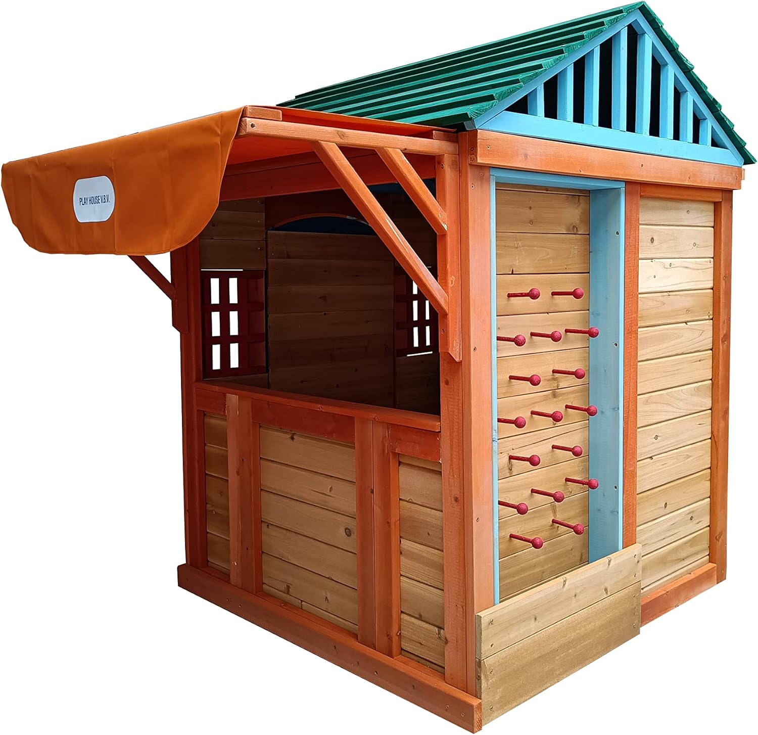 Outdoor Playhouse for Age 3-8 Years Boy Girl, Wooden Cottage Playhouse with 4 Game Awning Window, Ball Wall, Dart Throwing & Tetris. Play House for Outdoor Garden, Lawn, Patio, Yard.