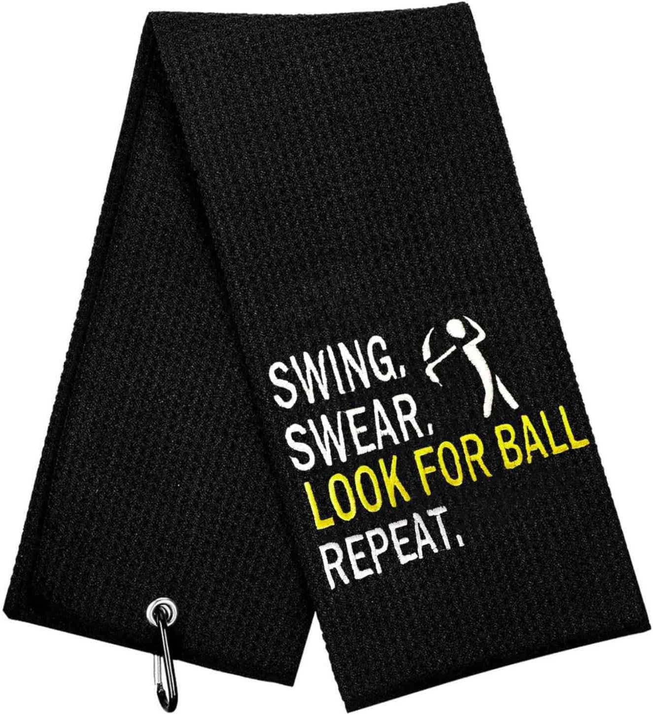 Funny Golf Towel, Swing Swear Look for Ball Repeat - Golf Gifts for Men, Golf Accessories for Men, Embroidered Golf Towels for Golf Bags with Clip, Black