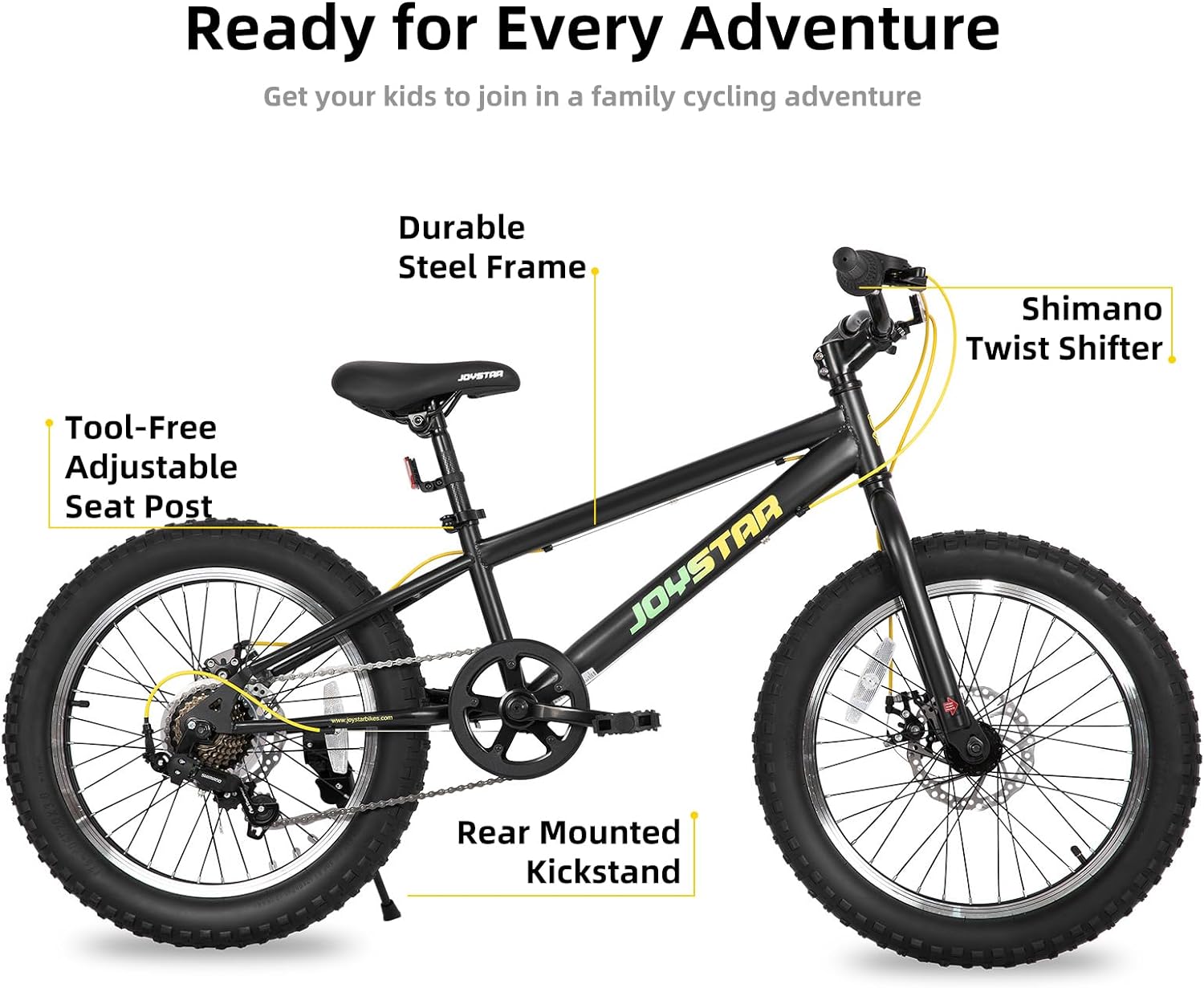 JOYSTAR 20 Inch Mountain Bike for Kids Ages 7-12 Year Old, 3-Inch Wide Knobby Tires, 7 Speed Shimano Drivetrain, Disc Brakes, Fat Tire Kids Bicycles for Boys Girls