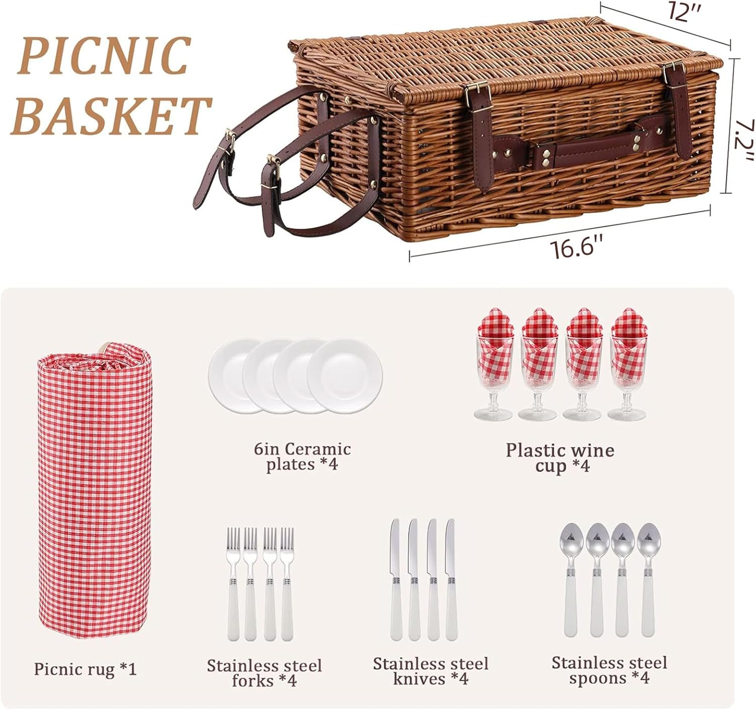 Picnic Basket for 4 Persons with Waterproof Picnic Blanket and Insulated Cooler, Large Wicker Picnic Basket for Camping, Outdoors, Valentine's Day, Christmas, Birthday, Wedding Gift, Pink