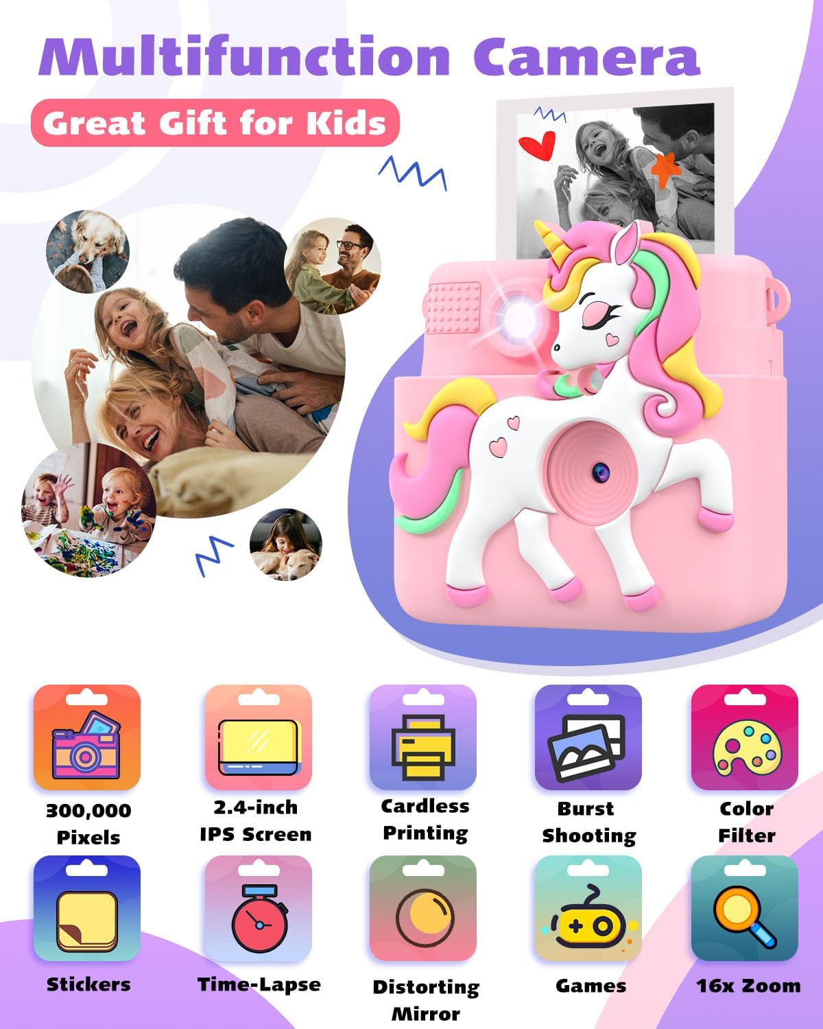 Kids Instant Print Camera, 2.4 Inch Screen 1080P Kids Camera for Girls with Flash, Christmas Birthday Gifts for Girls 3 4 5 6 7 8 9 10 Year Old with 3 Rolls of Photo Paper and a 32G Card