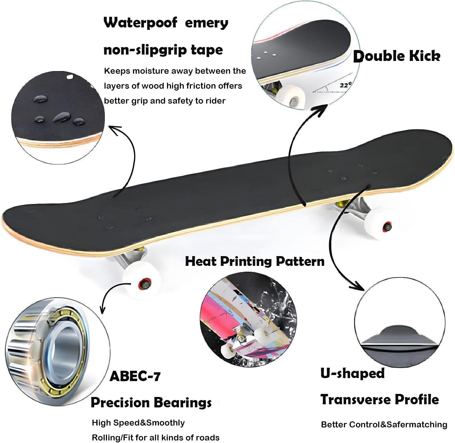 Pro Complete Skateboards for Beginners Girls Boys Kids Youths Teens Adults 31"x8" Skate Boards 7 Layers Canadian Maple Double Kick Deck Concave Longboard