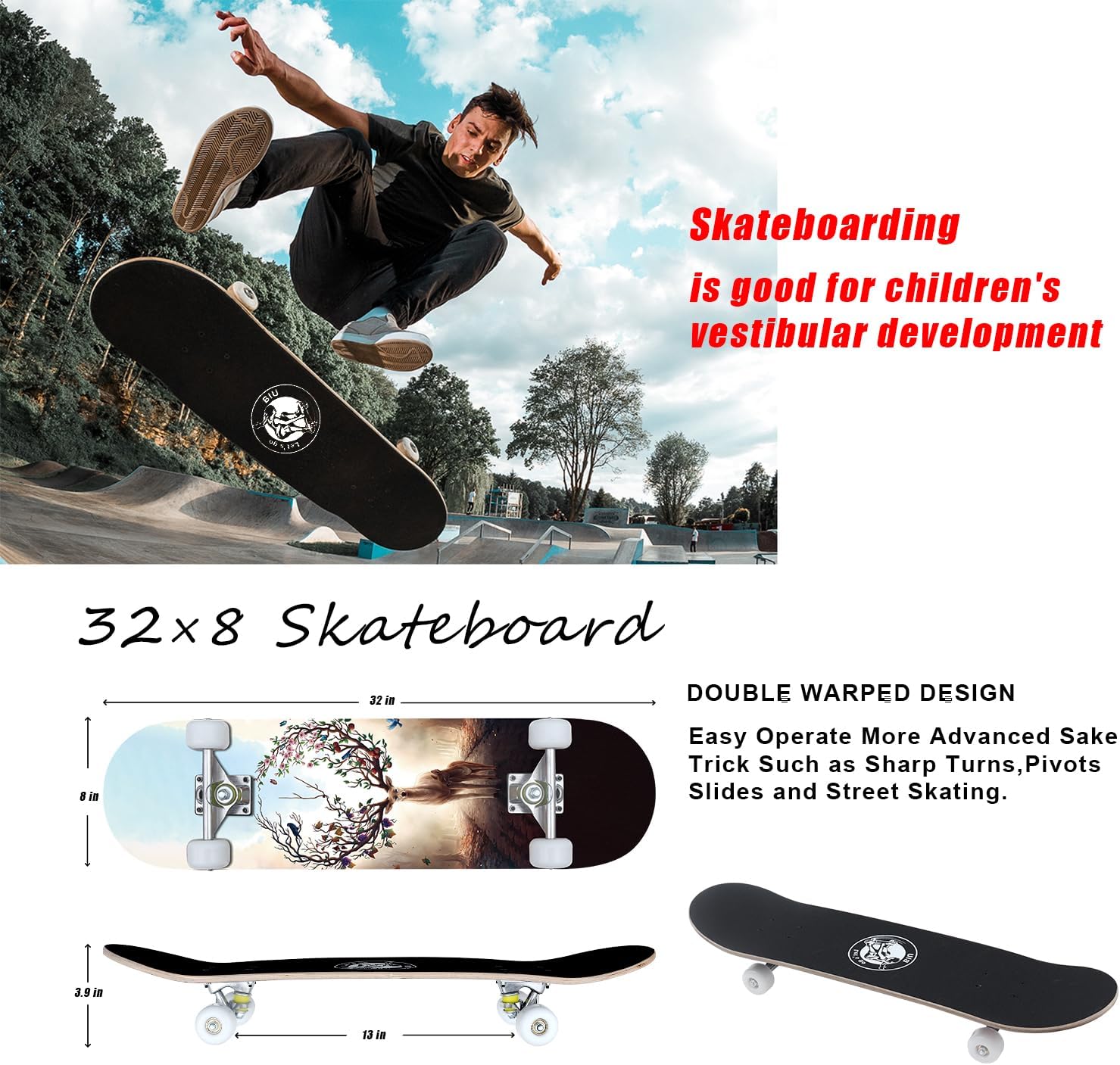 Skateboards for Beginners, 32"X8" Inch Standard Complete Skateboard for Adults Youths Teens Kids Girls Boys 8 Layer Canadian Maple Double Kick Concave with Skate Tool