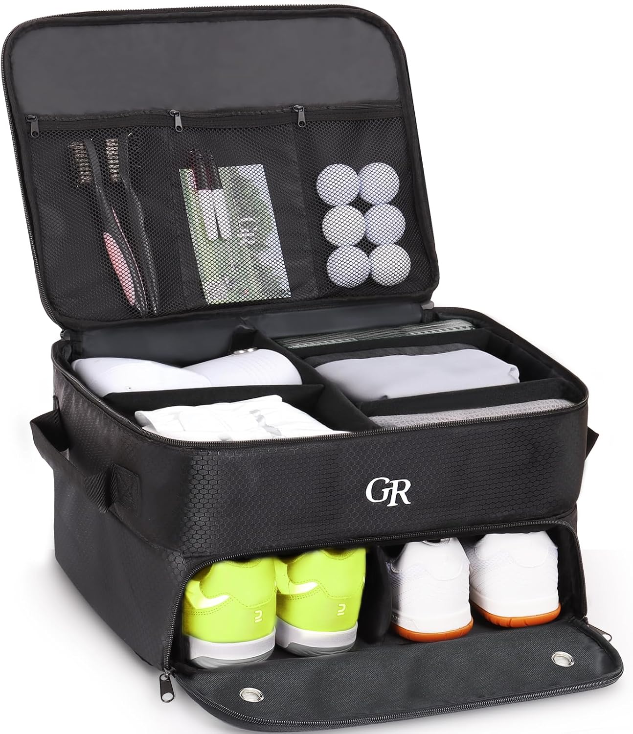 2 Layer Golf Trunk Organizer with Active Carbon Fabric - Golf Shoe Bag for Shoes, Balls, Tees, Clothes, Gloves, Golf Accessories Fathers Day Dad Gifts for Men from Daughter Son Wife