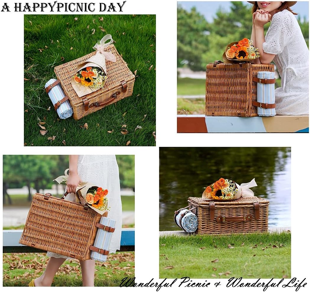 HappyPicnic Wicker Picnic Basket Set for 4 Persons | Large Willow Hamper with Large Insulated Cooler Compartment, Free Waterproof Blanket and Cutlery Service Kit-Classical Brown